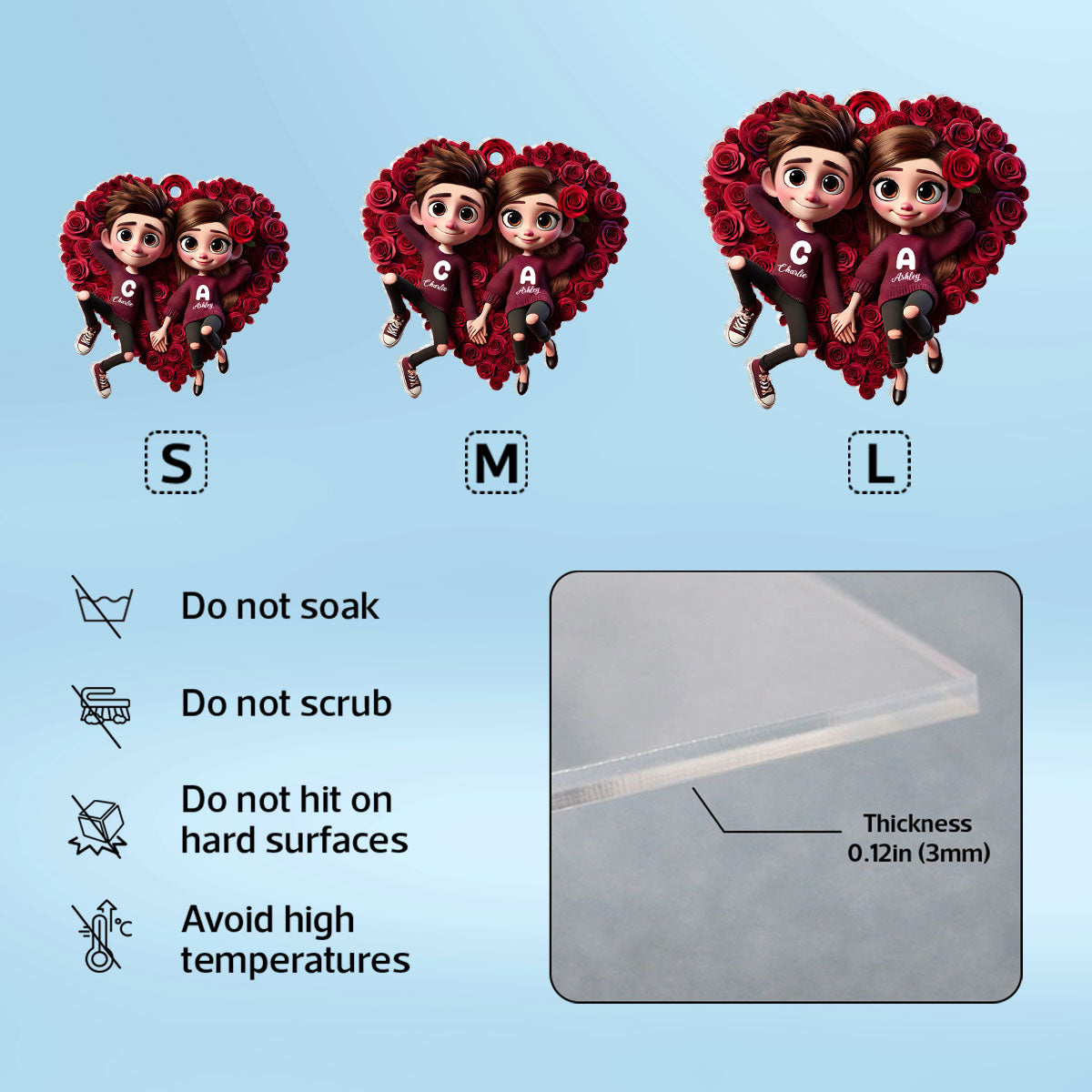 Rose Heart Couple Personalized Acrylic Keychain,  Gift for her, Gift for him