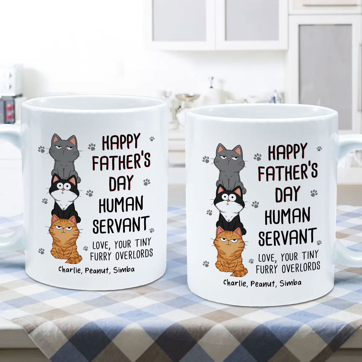 Happy Father‘s Day Human Servant Stacked Cats Funny Gift For Cat Lover Personalized Mug