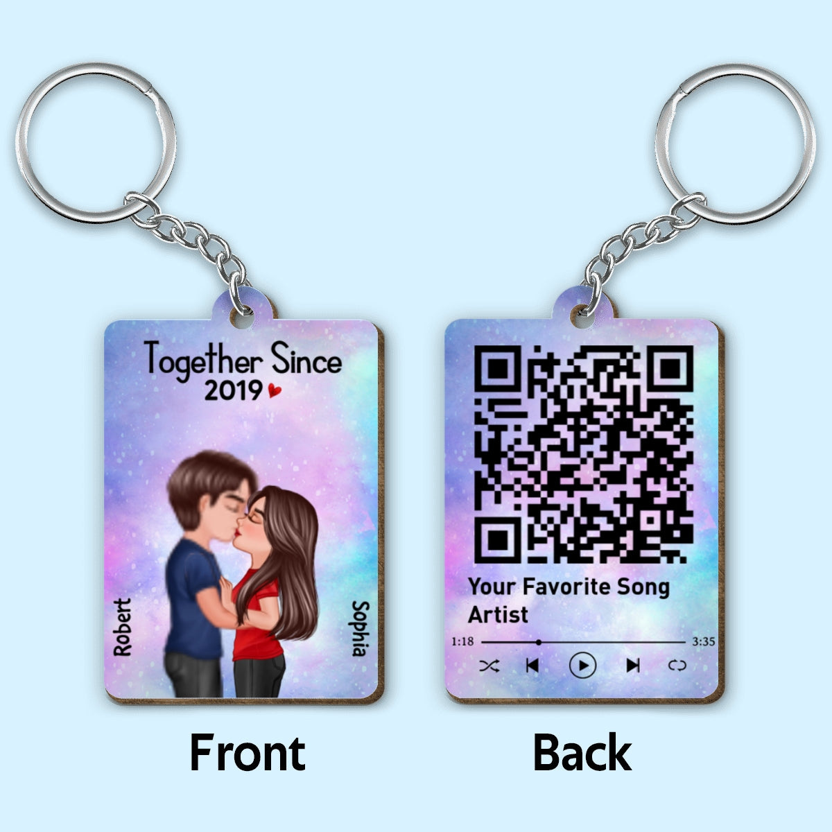 Doll Couple Kissing Together Since Favorite Song Scannable QR Code Personalized Wooden Keychain