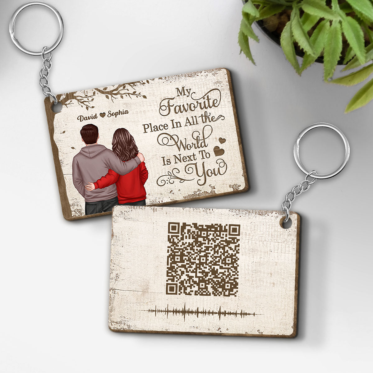 My Favorite Place Couple Back View Personalized Wooden Keychain, Soundwave Art, Custom Your Heartfelt Voice Message for her & for him