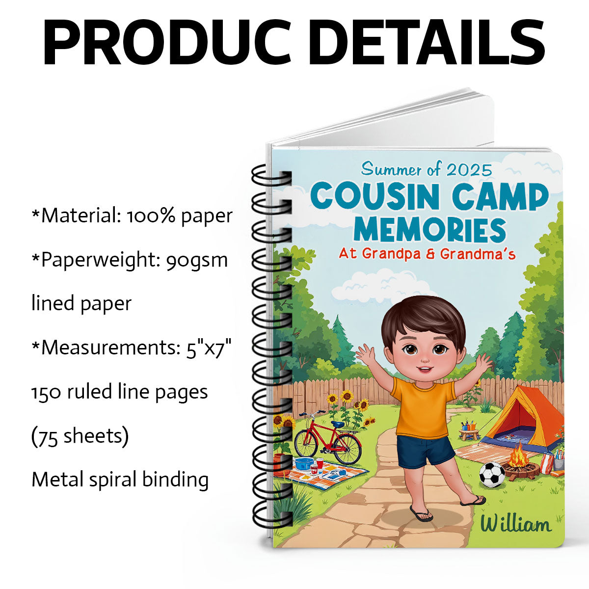 Cousin Camp Memories Personalized Spiral Notebook Journal, Gift For Kids