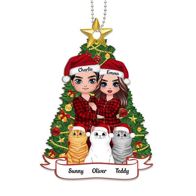 Pajamas Doll Couple Standing With Cats Personalized Wooden Ornament