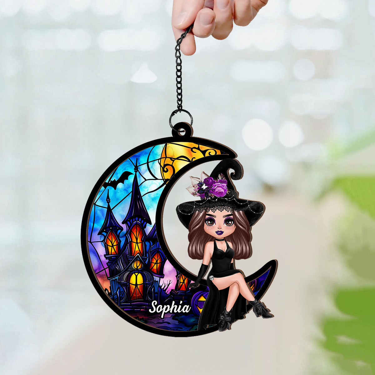 Halloween Witch Sitting On Moon Personalized Suncatcher, Halloween Decoration