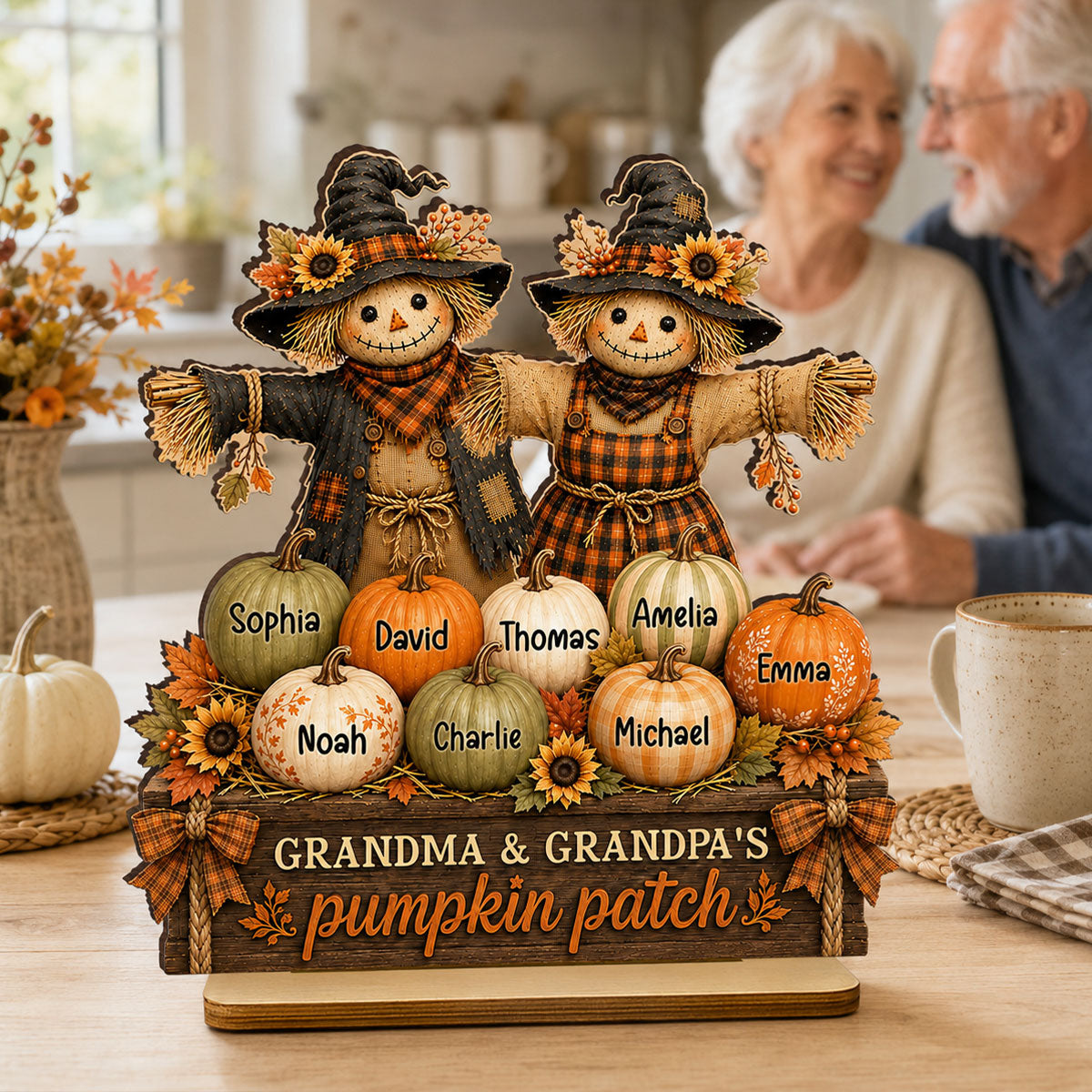 Grandma Grandpa Pumpkin Patch Scarecrow - Personalized 2-Layered Wooden Plaque - Cozy Fall Decor for Grandparents