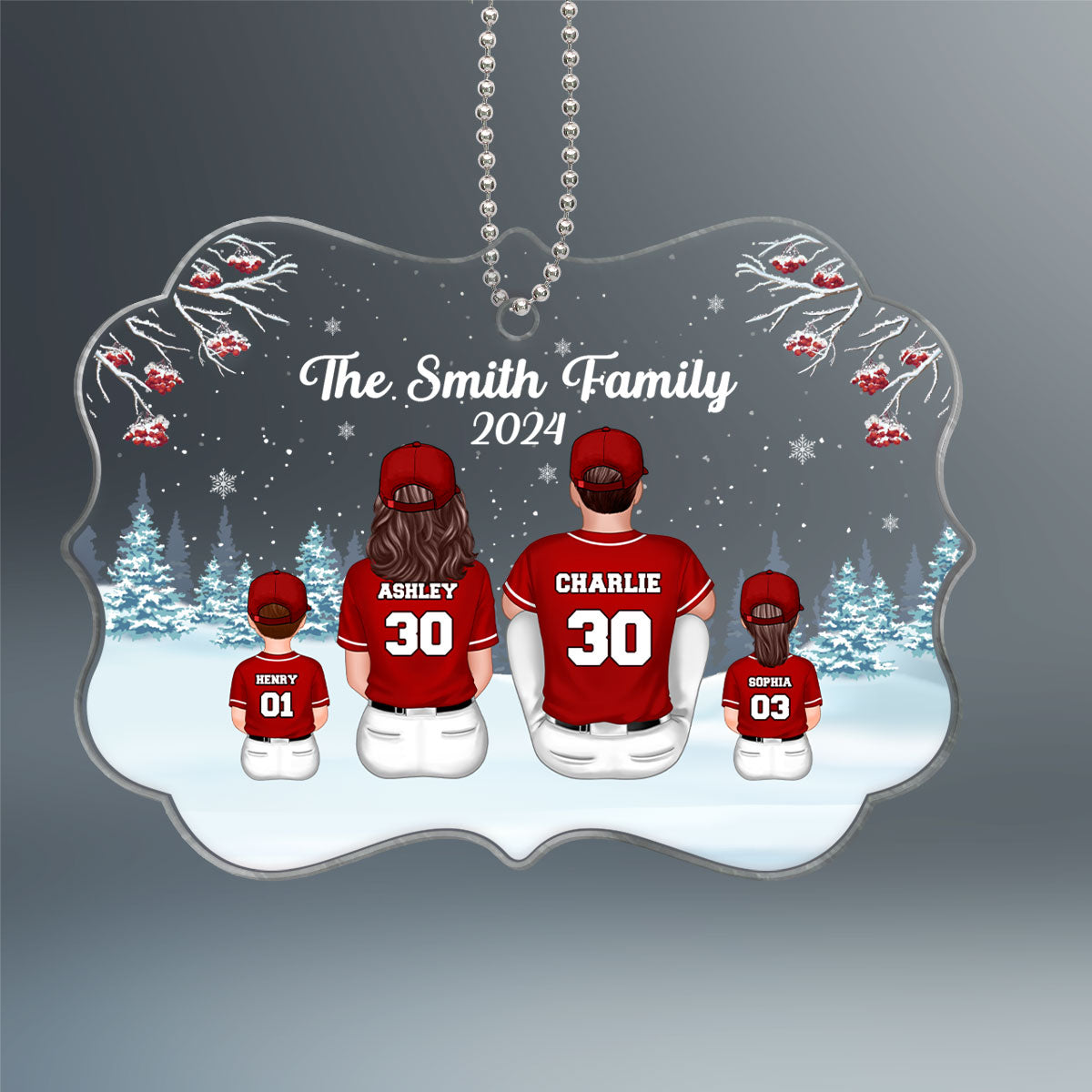 Baseball Family Sitting In Snow Personalized Acrylic Ornament, Christmas Gift