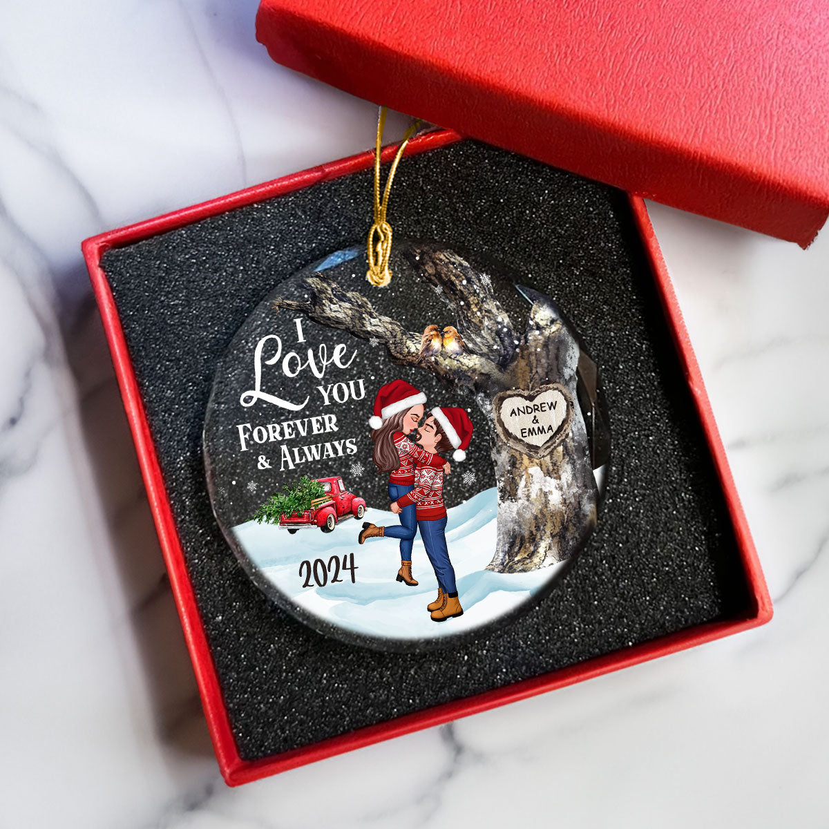 Couple Hugging Kissing Carved Heart Tree Personalized Glass Ornament, Christmas Gift For Him, For Her