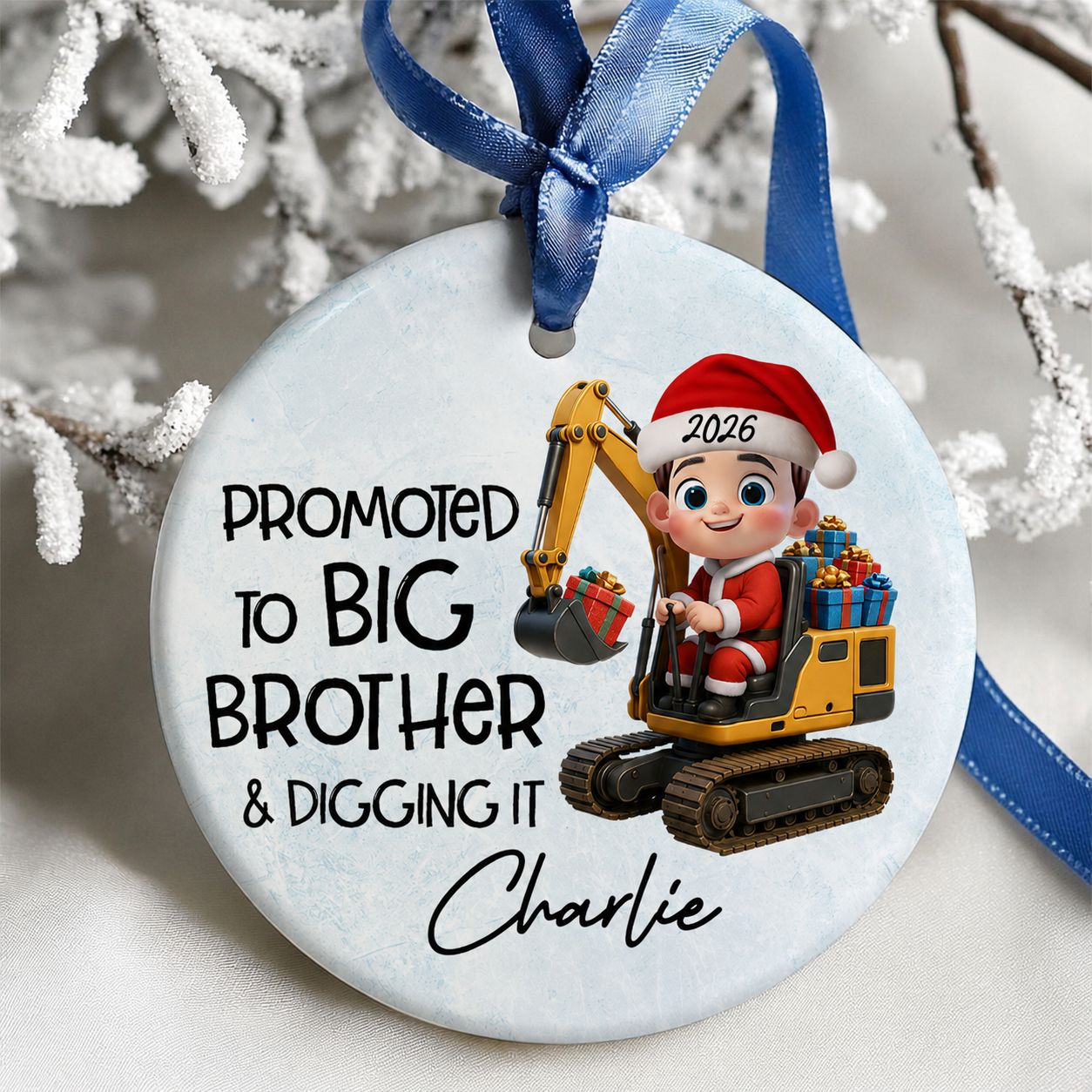 Promoted To Big Brother & Digging It Kid Driving Excavator - Personalized Ceramic Ornament - Proud New Big Brother Gift