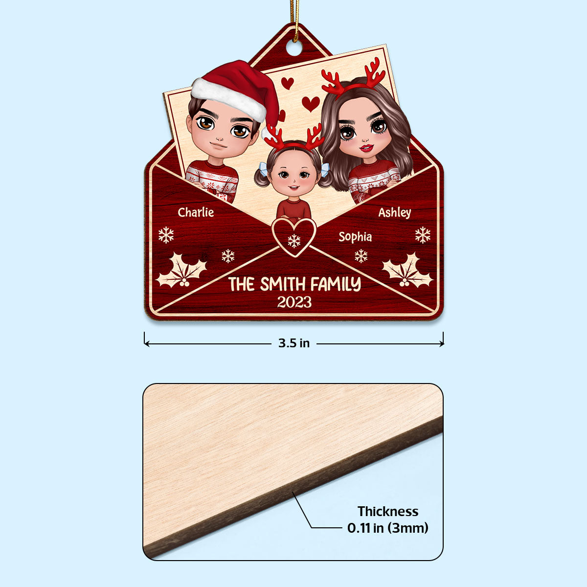 Doll Family In Envelope Christmas Gift Personalized Wooden Ornament