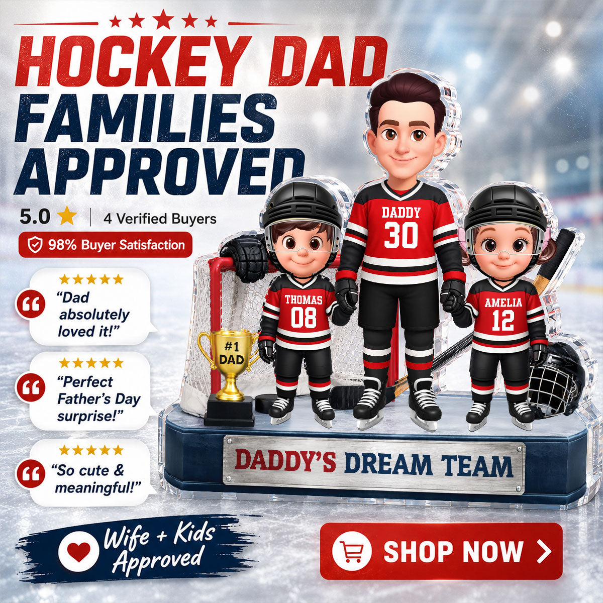 Daddy's Dream Team Hockey Dad & Kids - Personalized Acrylic Block Plaque - Father's Day Gift For Dad, Husband