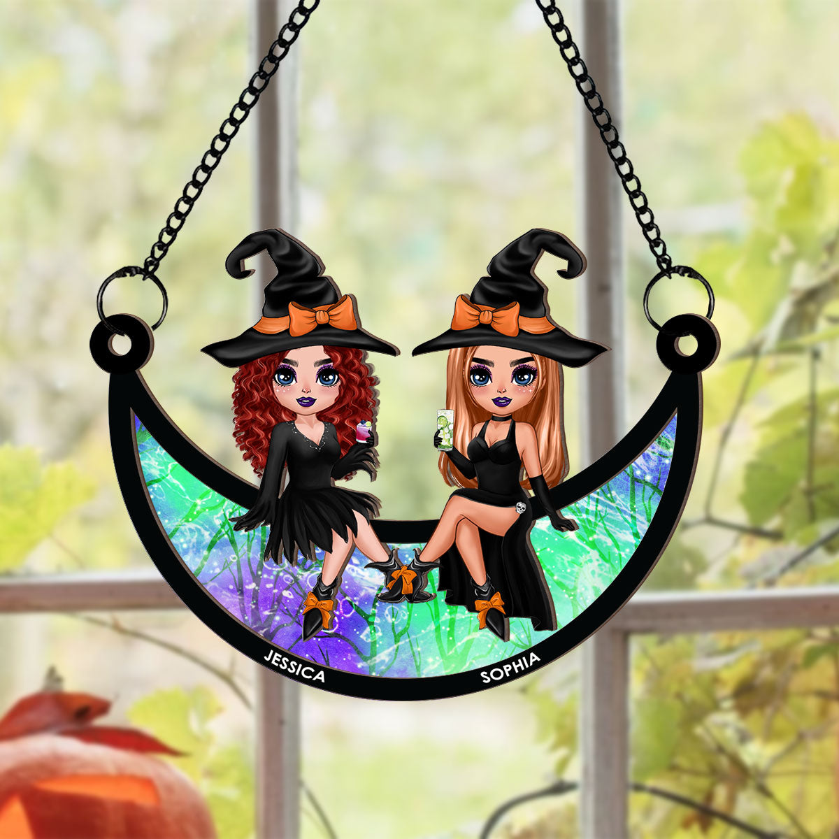 Halloween Witch Besties Sitting On Moon Personalized Window Hanging Suncatcher Ornament, Halloween Decor
