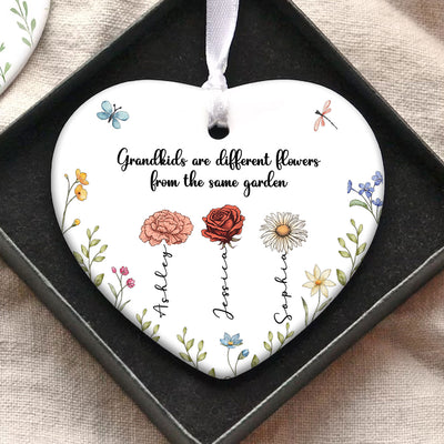 Grandkids Are Different Flowers from the Same Garden Personalized Heart Ornament, Gift for Grandma