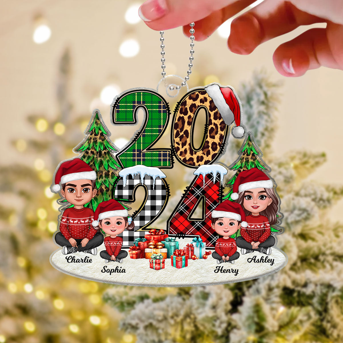 Christmas Family Sitting 2024 Stacked Pattern - Personalized Acrylic Ornament