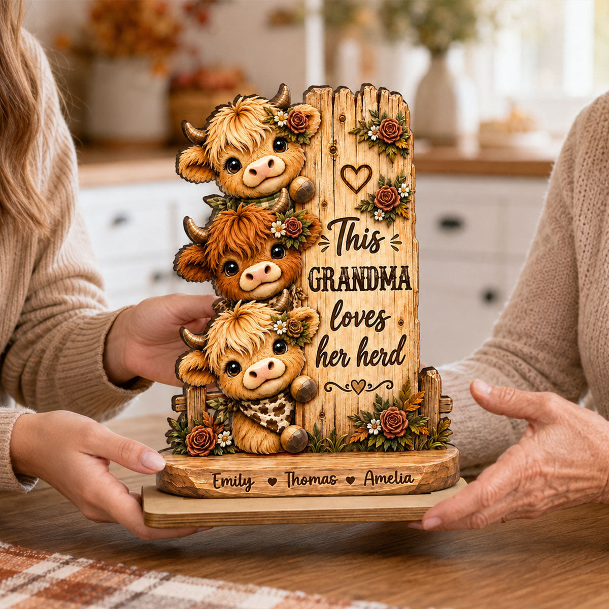 This Grandma Loves Her Herd - Personalized 2-Layered Wooden Plaque - Cozy Fall Decor for Grandma