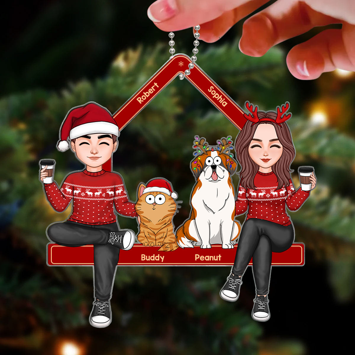 Cute Couple Sitting With Dogs Cats Personalized Acrylic Ornament