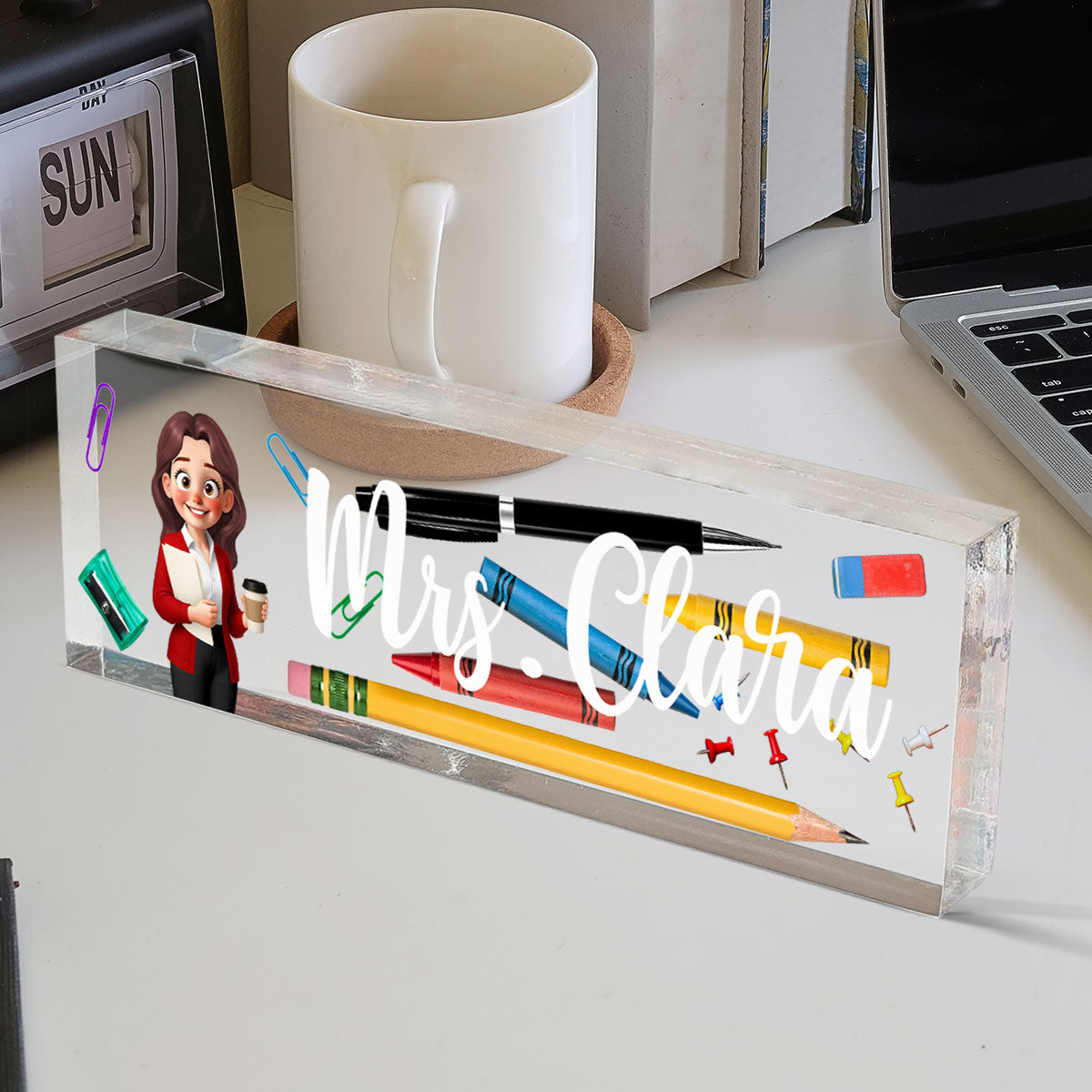 Teacher Things Personalized Acrylic Desk Name Plate, Back To School Gift