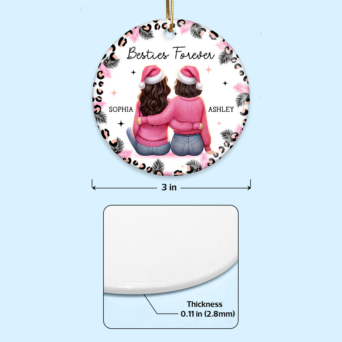 Personalized Christmas Bestie Pink Leopard, Best Friend Ornament, Friendship Ornament