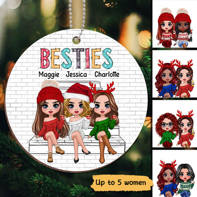 Besties Sisters Sitting Outline Background Personalized Wooden Ornament