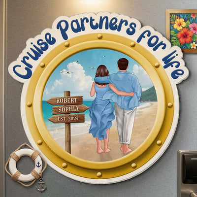 Cruise Partners For Life Porthole Couple Walking At Beach - Personalized Cruise Ship Door Magnet