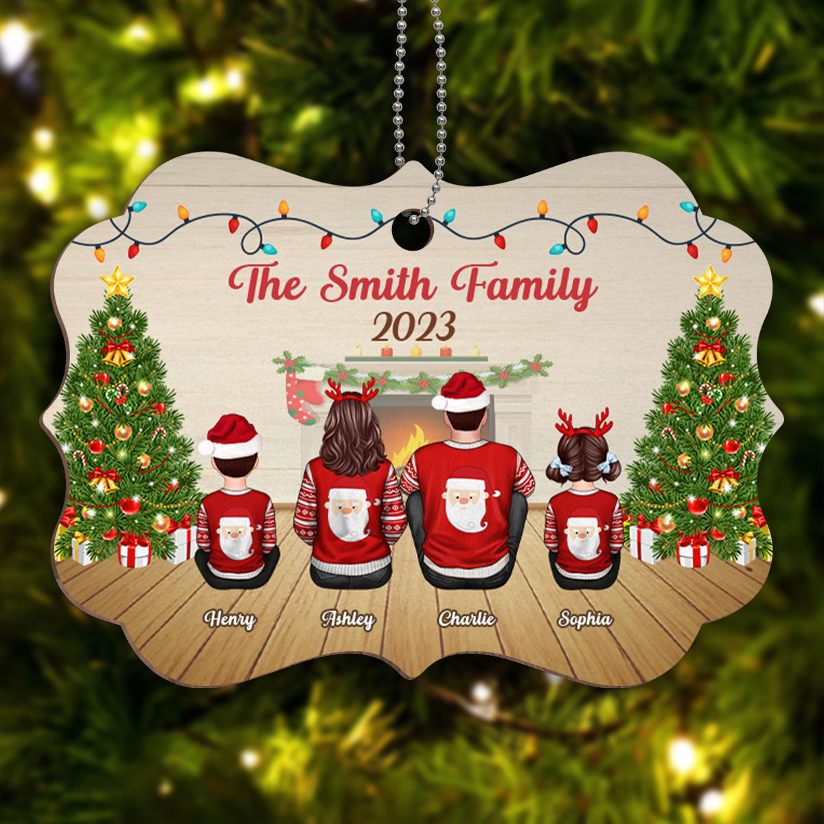 Family Sitting Back View In House Personalized Wooden Ornament