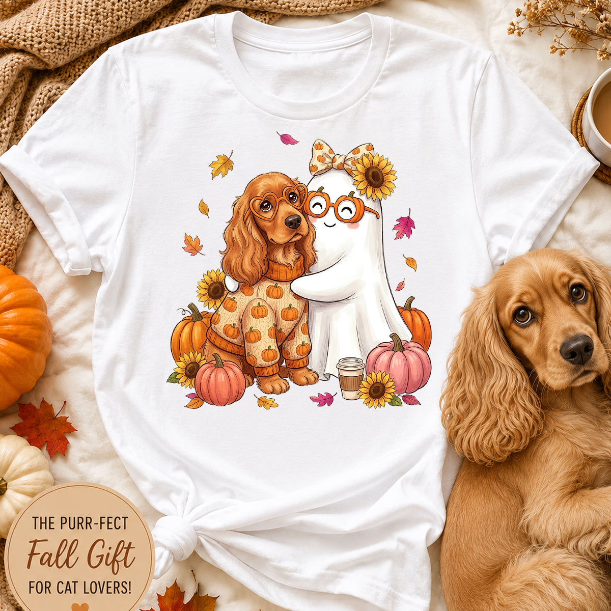 Cute Fall Dog Cat Hugging Ghost - Personalized Shirt - Trendy Fall Tee for Pet Lovers, Dog Mom, Cat Mom