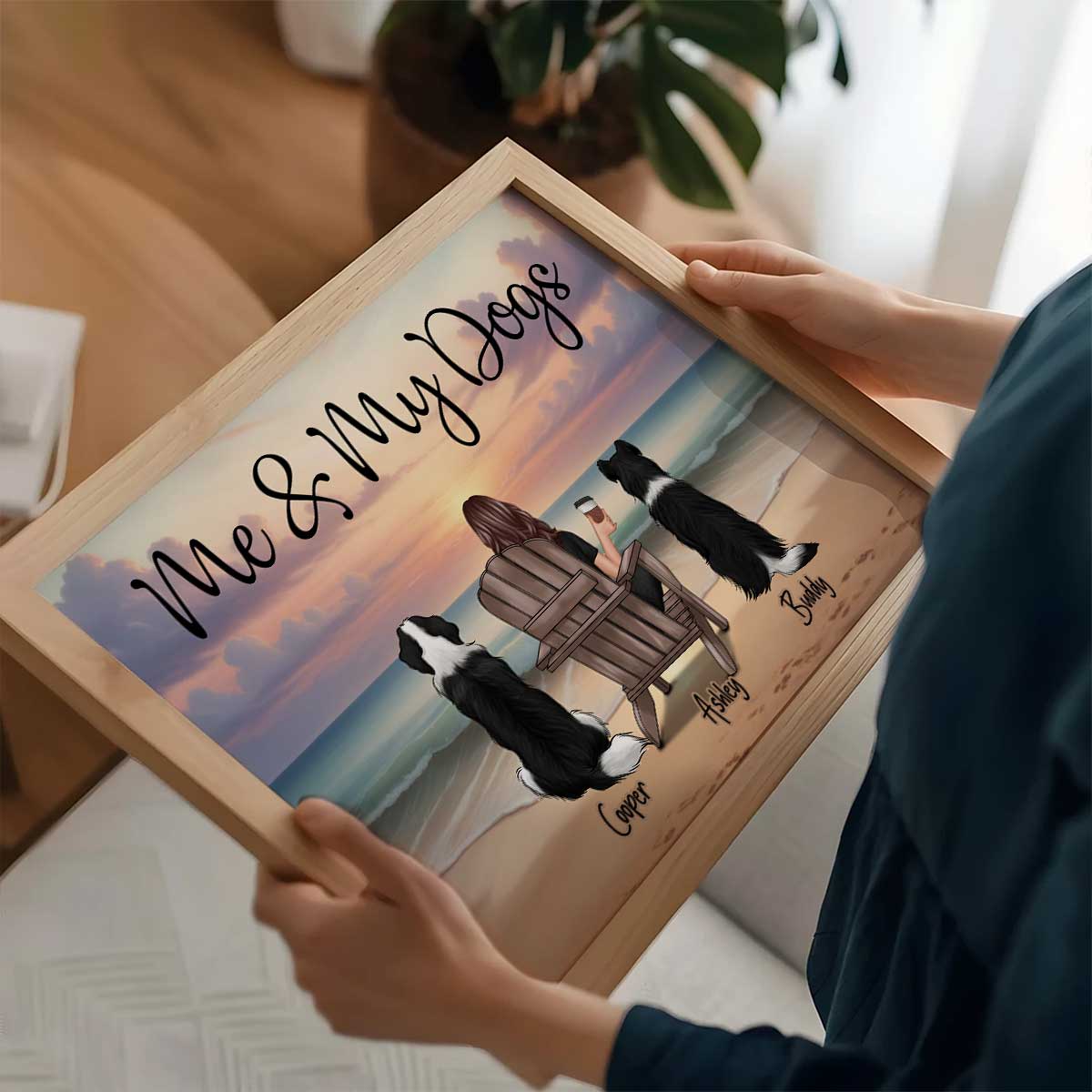 Single Person Me And The Dogs Cats Realistic Beach Landscape Personalized Poster