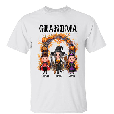 Halloween Grandma Grandkids Pumpkins At Cemetery Personalized Shirt