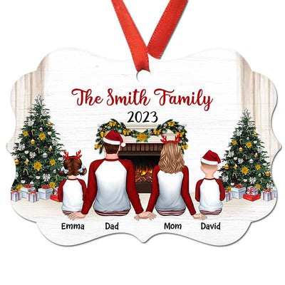 Pajamas Family Sitting In Fireplace Christmas Tree Personalized Christmas Ornament