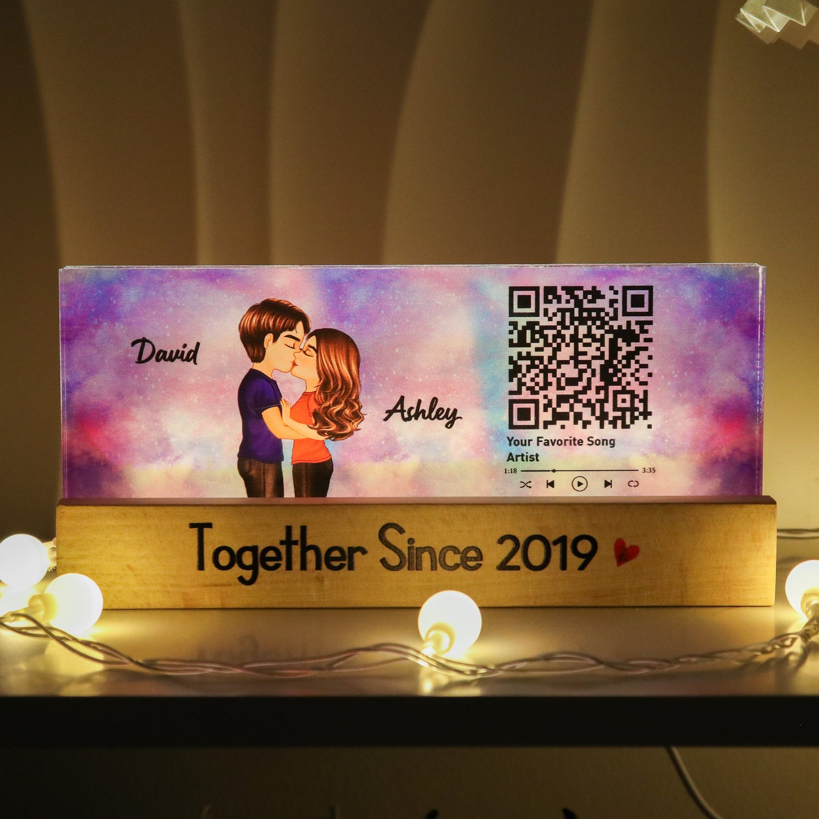 Couple Kissing, Favorite Song Scannable QR Code Personalized Acrylic LED Night Light, Anniversary, Just Because Gift For Her, Gift For Him