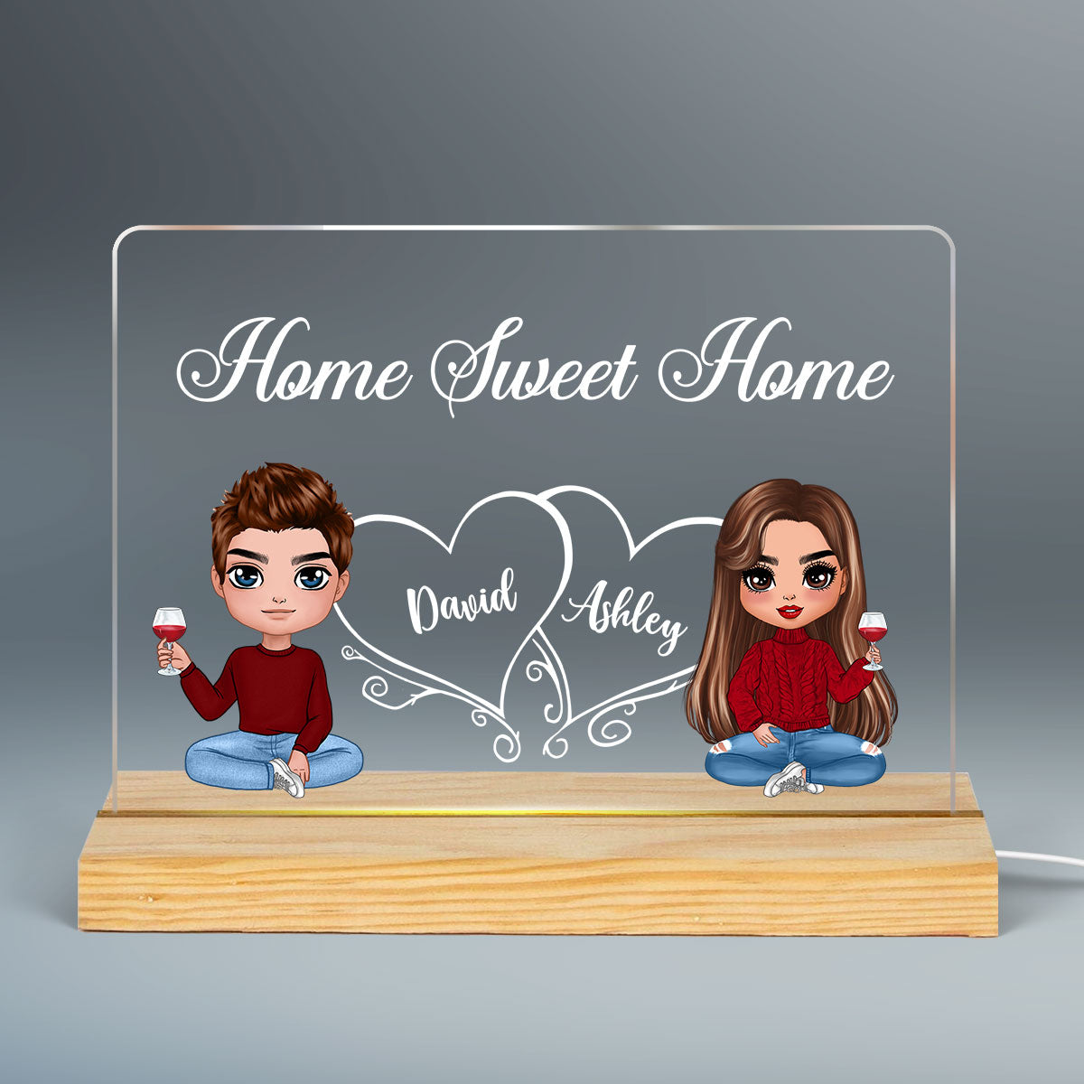 Doll Couple Sitting Home Sweet Home Gift For Him For Her Personalized Custom Shape LED Night Light