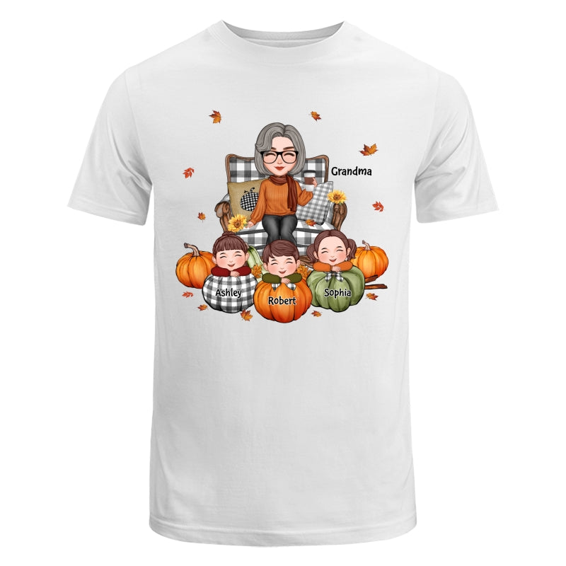 Cute Grandma Grandkids On Chair Kids On Pumpkins Personalized Shirt