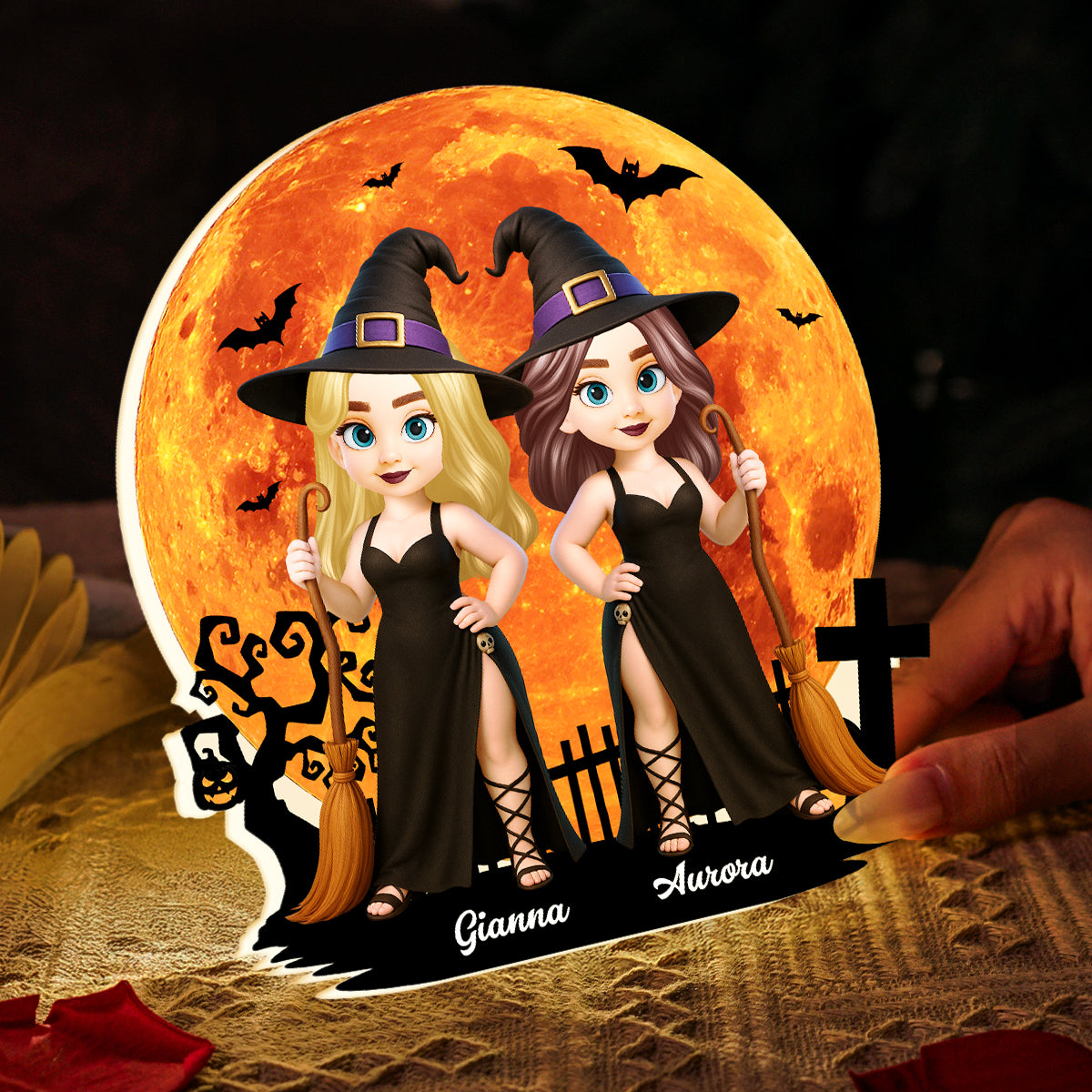 Cartoon Pretty Witch Under Halloween Moon Wicca Pagan Decor Personalized Light Box, Gift For Her