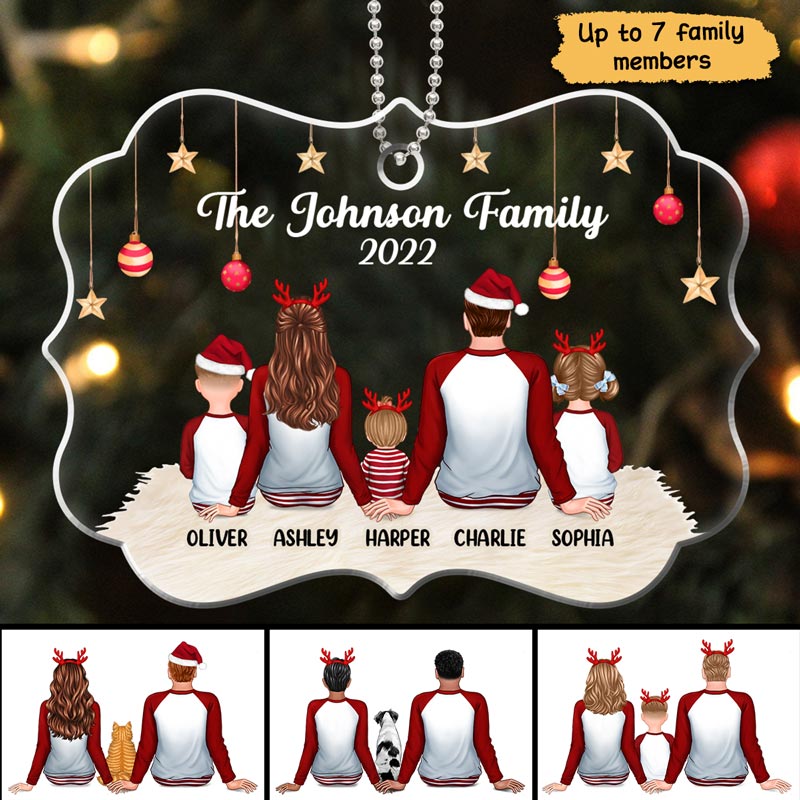 Back View Pajamas Family Dad Mom Kids Dogs Cats Personalized Acrylic Ornament