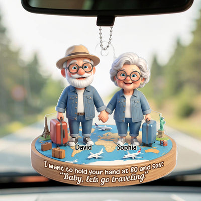3D Effect Old Couple Baby Let's Go Traveling  - Personalized Acrylic Car Hanger - Sentimental Gift for him, for her