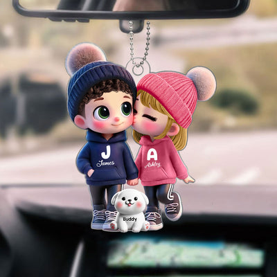 3D Effect Cute Cartoon Couple You Me And The Dog Cat Personalized Acrylic Car Hanger,  Gift for Him, Gift for Her