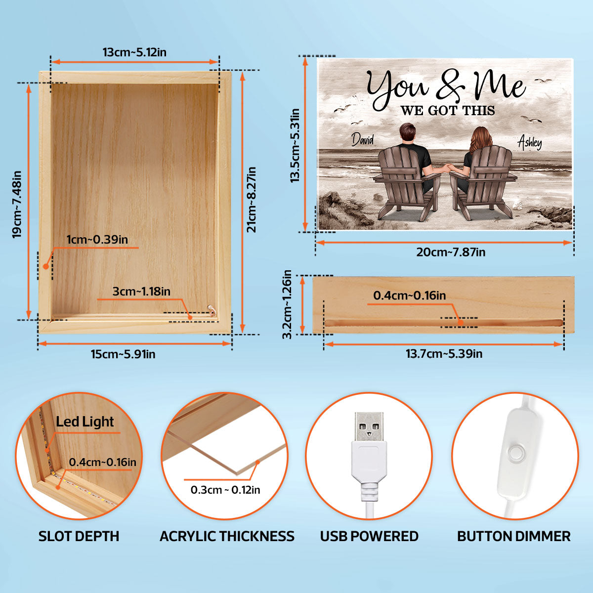 Back View Couple Sitting Beach Landscape Personalized Wooden Frame Light Box