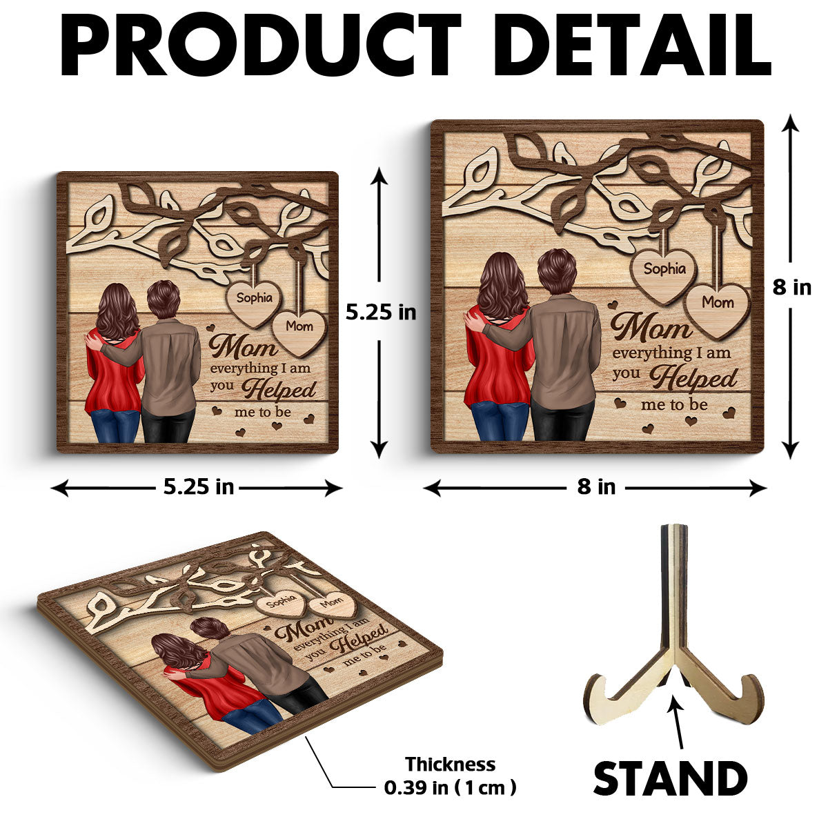 Back View Mom Daughter Son Under Tree Gift For Mom Personalized 2-Layer Wooden Plaque
