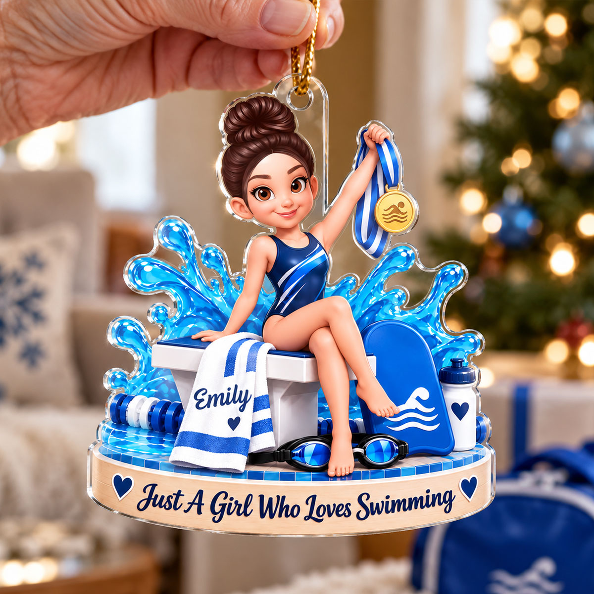 Just a Girl Who Loves Swimming - Personalized Acrylic Ornament - Custom Name Gift for Swimmer, Christmas Swim Team Gift, Female Athlete Keepsake