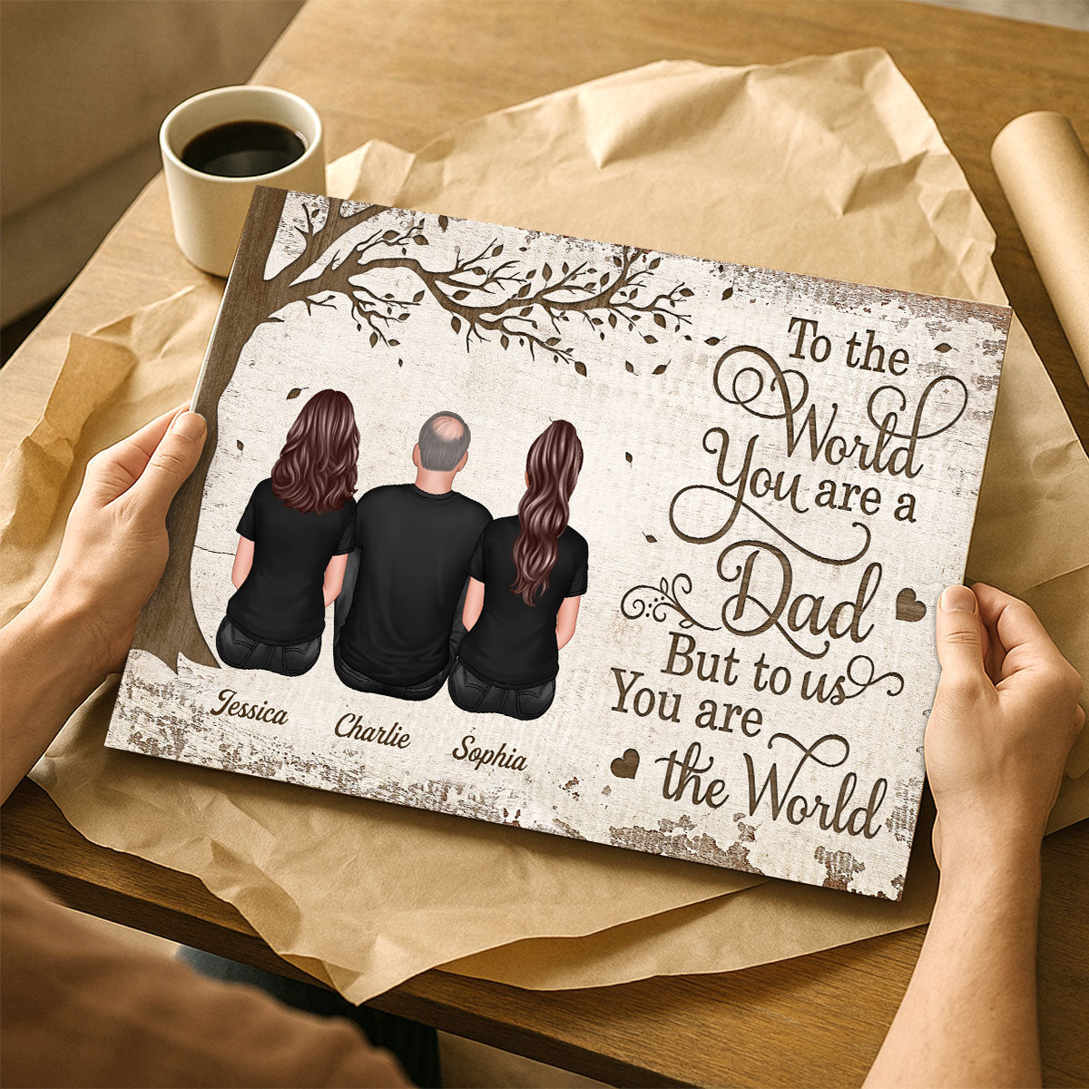 Back View Dad And Kids Dogs Cats Sitting - Personalized Poster - Gift For Dad, Husband