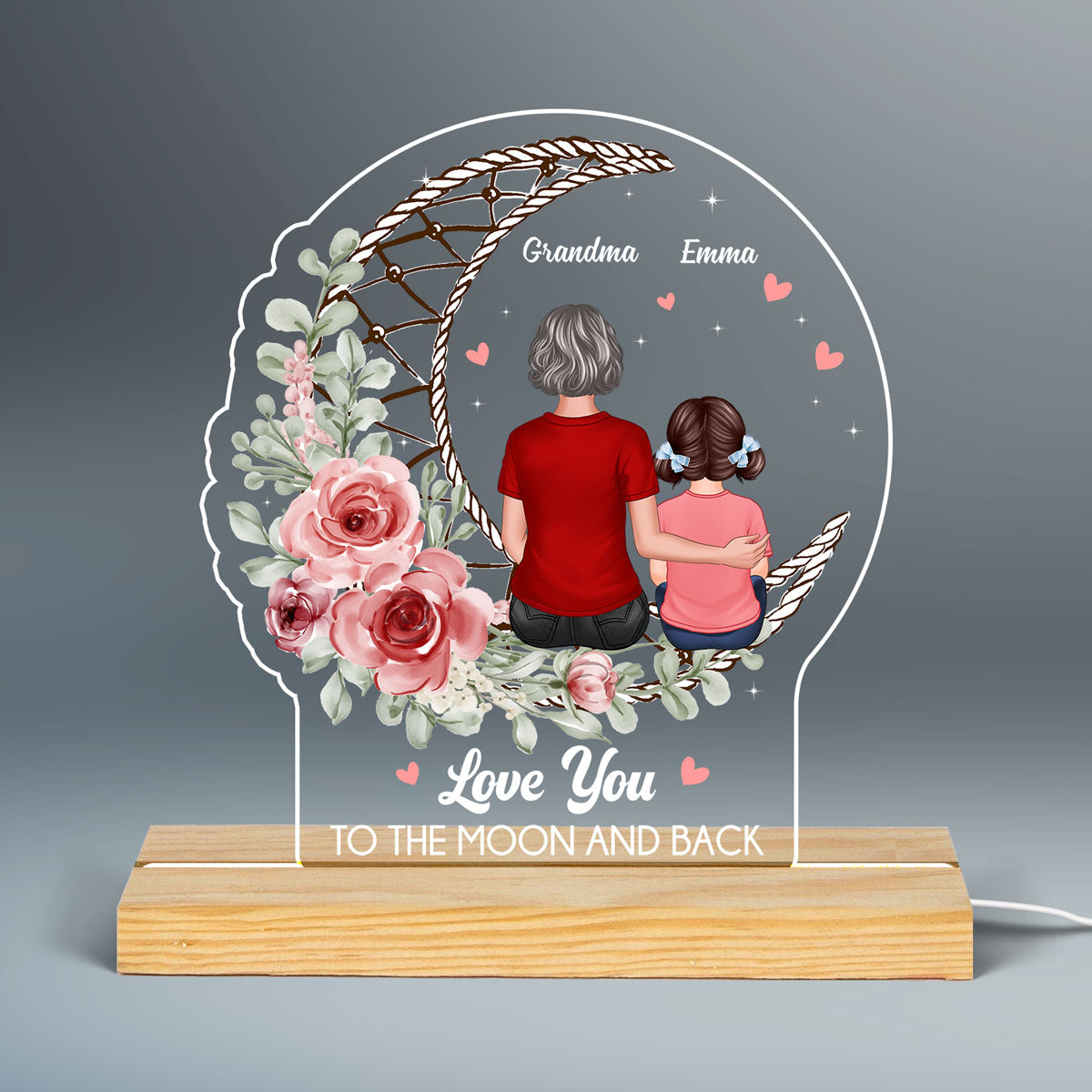 Love To The Moon Mom Grandma Back View On Moon & Flowers Personalized Custom Shaped Acrylic Plaque With LED Night Light
