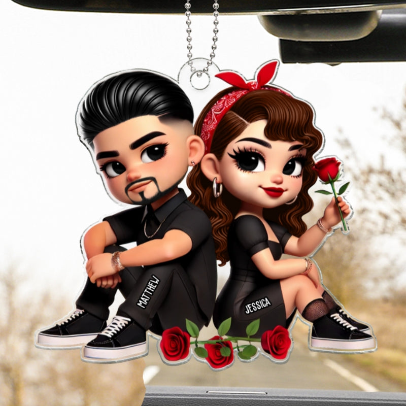 Pretty Couple Roses Heart Personalized Acrylic Car Hanger, Anniversary Gift,  Gift for Couples