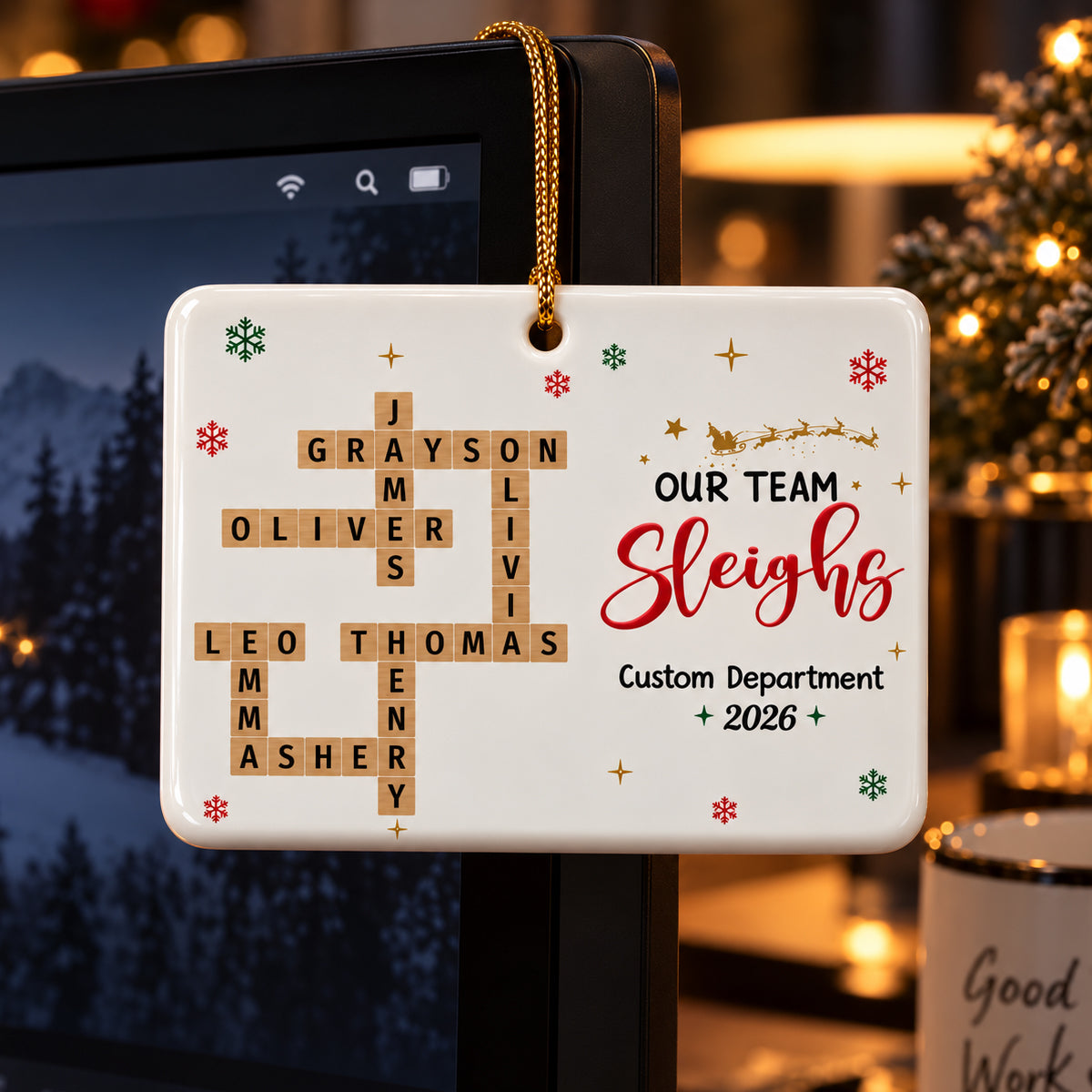 Our Team Sleighs Crossword Puzzle Art - Personalized Ceramic Ornament - Coworkers, Colleagues Gift Exchange