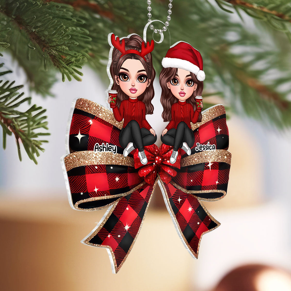Christmas Checkered Coquette Bow Y2K Besties Personalized Acrylic Ornament, Christmas Gift For Best Friends
