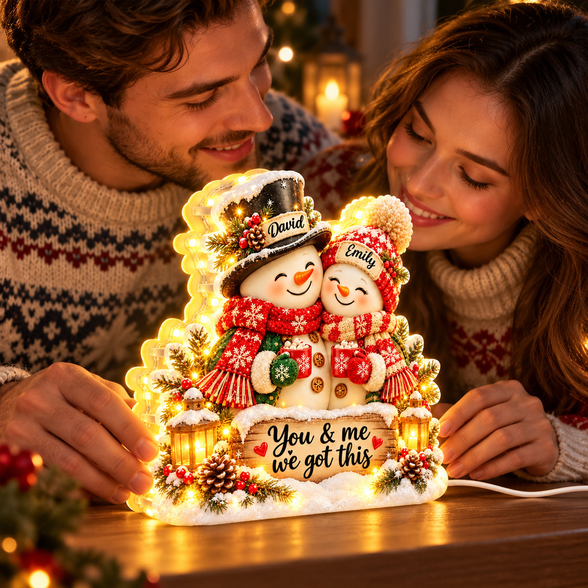 Snowman Couple Hugging - Personalized Light Box - Heartfelt Christmas Gift for Her, Gift for Him