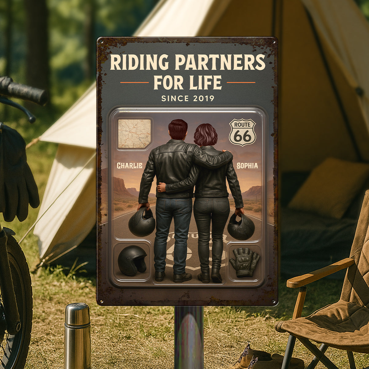 3D Effect Custom Figure Couple Bikers Riding Partners For Life Personalized Metal Sign