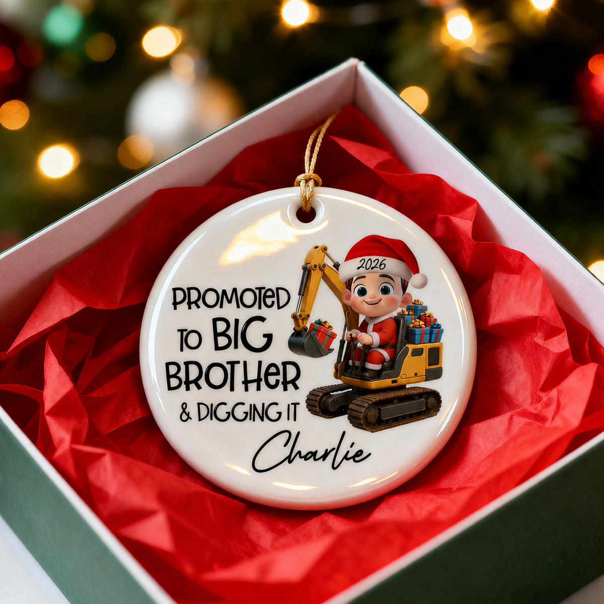 Promoted To Big Brother & Digging It Kid Driving Excavator - Personalized Ceramic Ornament - Proud New Big Brother Gift