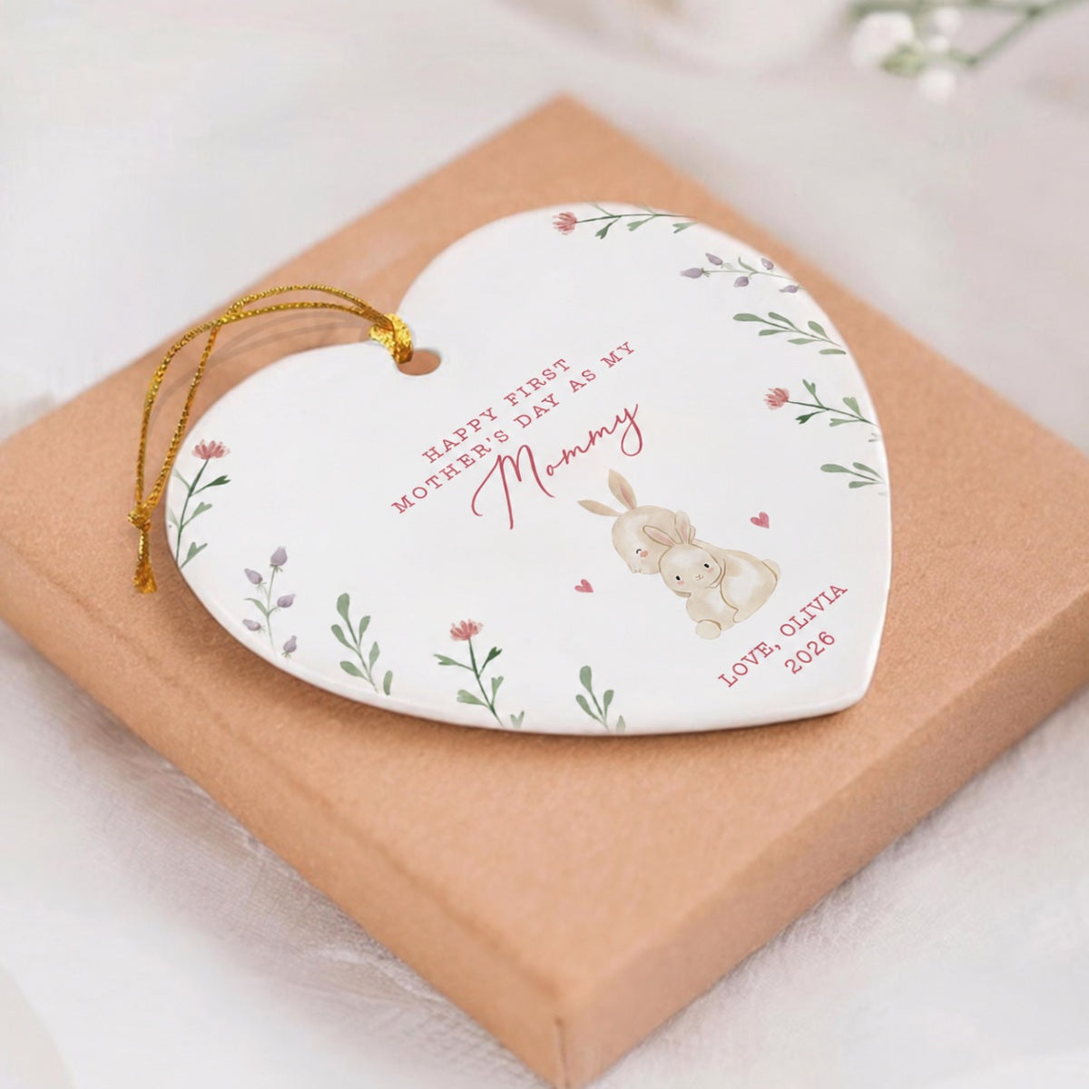 Cute Animals Personalized Heart Ceramic Ornament, Heartfelt First Gift for Mom, Gift for Grandma