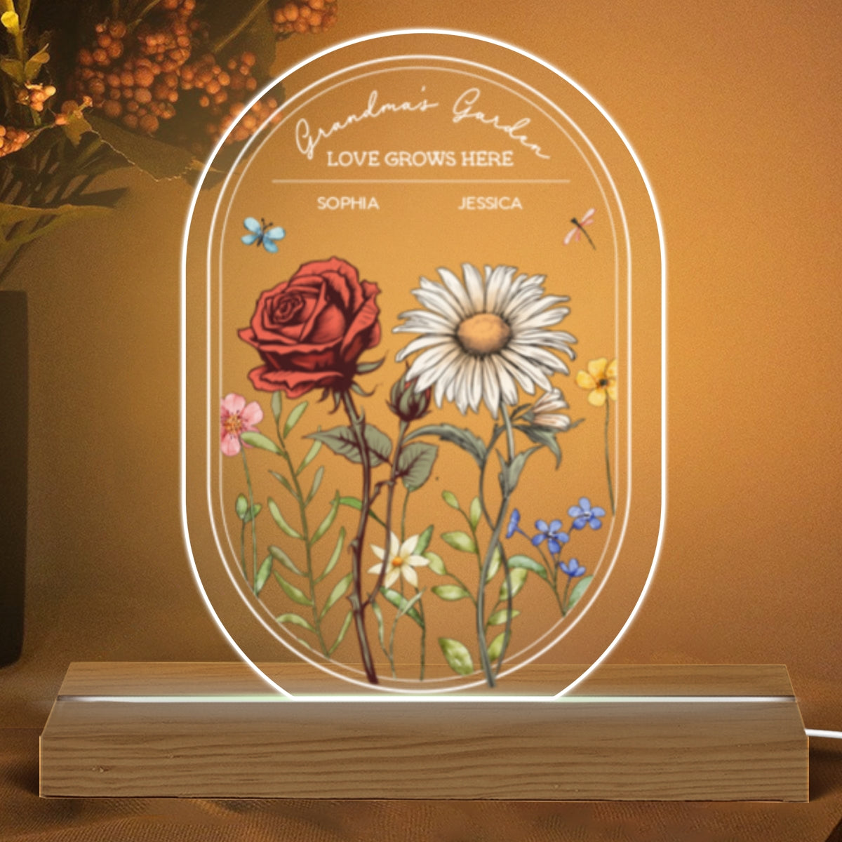 Personalized Birth Month Flowers Grandma's Garden Oval Shaped Acrylic Night Light, Gift for Mom, for Grandma