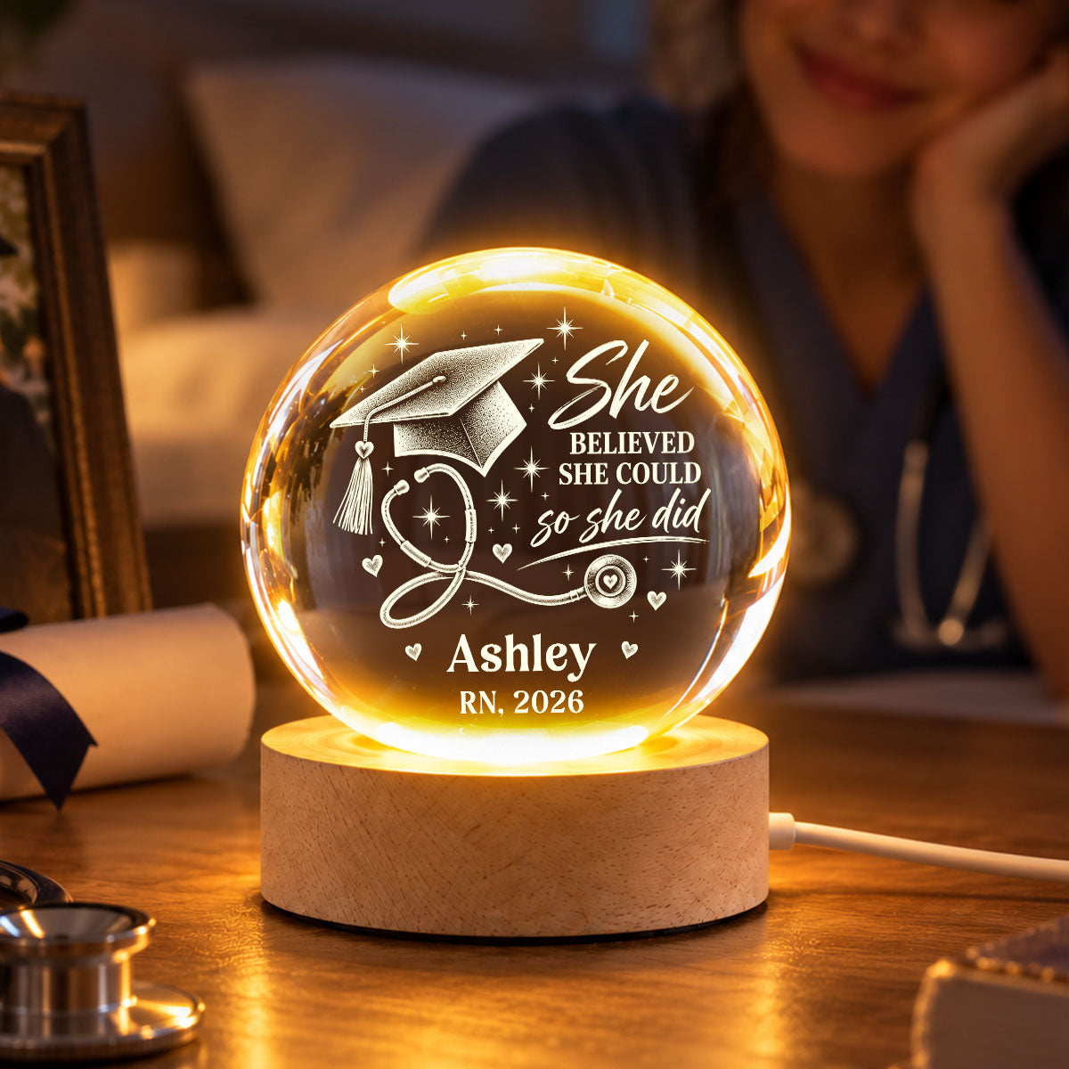 Nurse She Believed She Could So She Did - Personalized Crystal Ball LED Night Light - Christmas Gift, Graduation Gift, New Nurse Gift