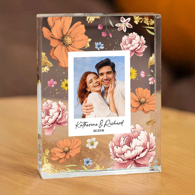 Couple Upload Photo Birth Month Flowers Personalized Acrylic Block Plaque, Anniversary Gift,  Gift