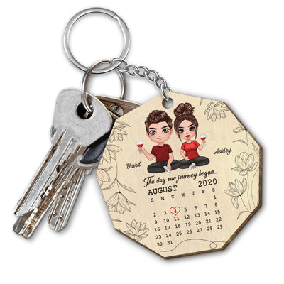 Floral Doll Couple Sitting Calendar Anniversary Date Gift For Him For Her Personalized Wooden Keychain